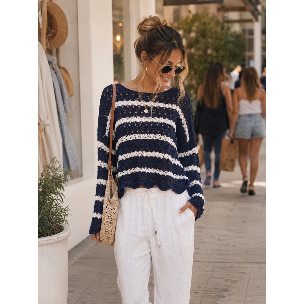 House of Harlow 1960 Sweater Small Navy White New Striped‎ Open Knit HH10160